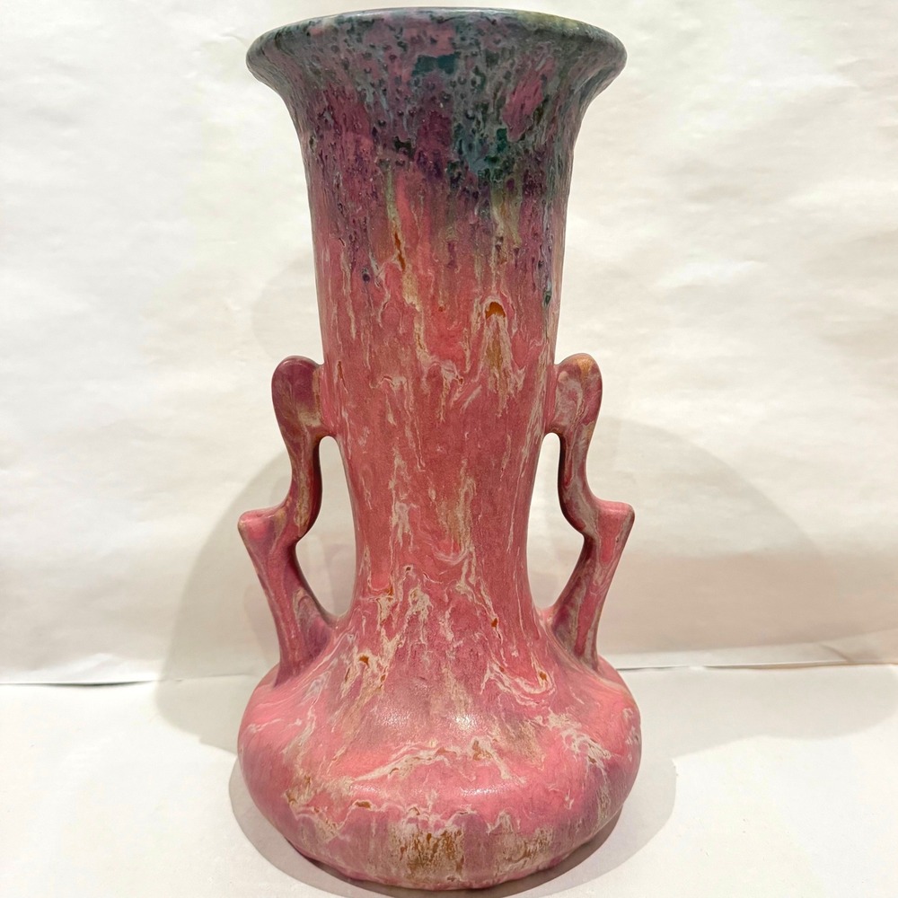Antique Roseville Carnelian II 316-10 Pink Rose Drip Glaze Vase OG Crayon 1915